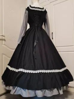 Black Retro Tudor Dress Costumes Women's Ruffles Cotton Blend Marie Antoinette Costume Dress Retro Party Prom Dress