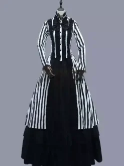 Black Retro Tudor Dress Costumes Women's Stripes Lace Ruffles Polyester Marie Antoinette Costume Tunic Dress Retro Vintage Clothing