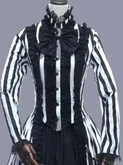 Black Retro Tudor Dress Costumes Women's Stripes Lace Ruffles Polyester Marie Antoinette Costume Tunic Dress Retro Vintage Clothing