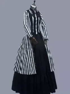 Black Retro Tudor Dress Costumes Women's Stripes Lace Ruffles Polyester Marie Antoinette Costume Tunic Dress Retro Vintage Clothing