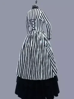 Black Retro Tudor Dress Costumes Women's Stripes Lace Ruffles Polyester Marie Antoinette Costume Tunic Dress Retro Vintage Clothing