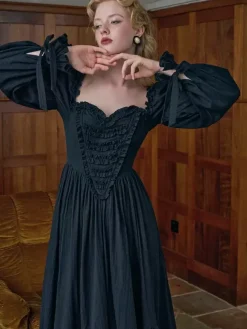 Black Retro Tudor Dress Costumes Women's Ruffles Tiered Cotton Blend Dress Marie Antoinette Costume Western Vintage Clothing
