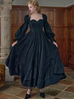 Black Retro Tudor Dress Costumes Women's Ruffles Tiered Cotton Blend Dress Marie Antoinette Costume Western Vintage Clothing