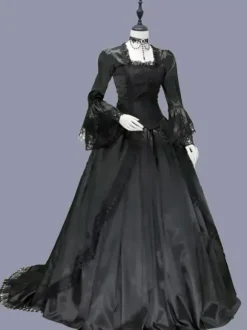 Black Retro Tudor Dress Costumes Women's Ruffles Lace Polyester Tunic Marie Antoinette Costume Dress Gothic Masquerade Ball Gown