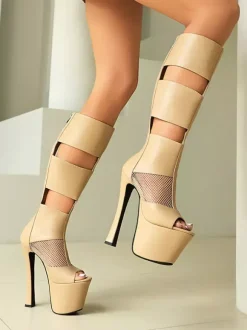 Black Sandal Boots Peep Toe Platform Mesh Patchwork Zip Up High Heel Boots