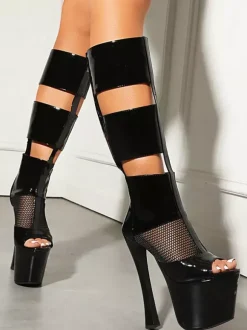 Black Sandal Boots Peep Toe Platform Mesh Patchwork Zip Up High Heel Boots