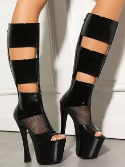 Black Sandal Boots Peep Toe Platform Mesh Patchwork Zip Up High Heel Boots