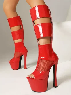 Black Sandal Boots Peep Toe Platform Mesh Patchwork Zip Up High Heel Boots