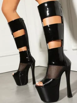 Black Sandal Boots Peep Toe Platform Mesh Patchwork Zip Up High Heel Boots