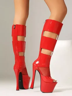 Black Sandal Boots Peep Toe Platform Mesh Patchwork Zip Up High Heel Boots
