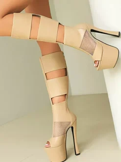 Black Sandal Boots Peep Toe Platform Mesh Patchwork Zip Up High Heel Boots