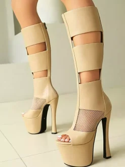 Black Sandal Boots Peep Toe Platform Mesh Patchwork Zip Up High Heel Boots