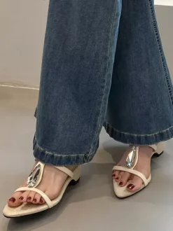 Black Sandal Slides Opem Roe Rhinestones T Type Chunky Heel Slippers