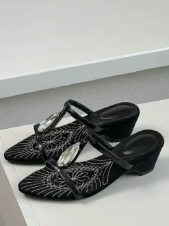 Black Sandal Slides Opem Roe Rhinestones T Type Chunky Heel Slippers