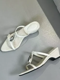Black Sandal Slides Opem Roe Rhinestones T Type Chunky Heel Slippers