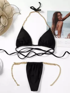 Black Sexy Bikini Swimwear Strappy Sleeveless Chain Detail Beach Swimsuits For Women