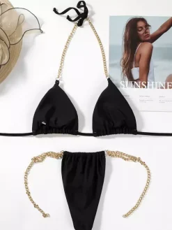 Black Sexy Bikini Swimwear Strappy Sleeveless Chain Detail Beach Swimsuits For Women