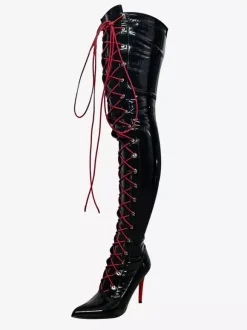 Black Sexy Boots Thigh High Pointy Toe Lace Up Over The Knee Boots