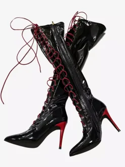 Black Sexy Boots Thigh High Pointy Toe Lace Up Over The Knee Boots