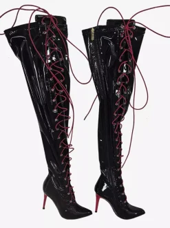 Black Sexy Boots Thigh High Pointy Toe Lace Up Over The Knee Boots