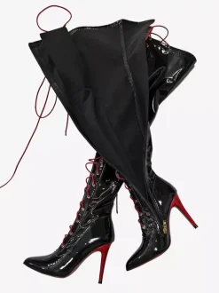 Black Sexy Boots Thigh High Pointy Toe Lace Up Over The Knee Boots