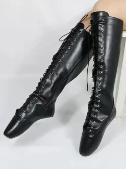 Black Sexy Boots Women Leather Lace Up Ballet Boots