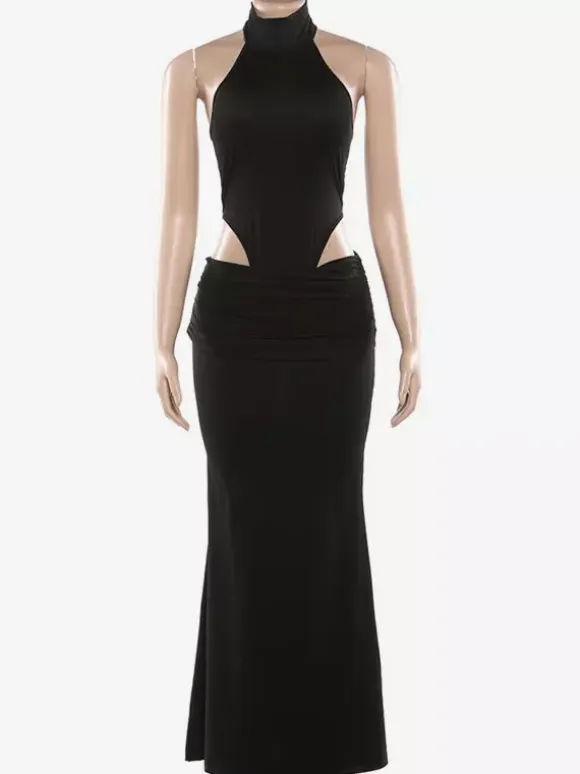 Black Sexy Club 2 Piece Set Women - High Neck Backless Bodysuit And Long Skirt - Summer Night Out 2026