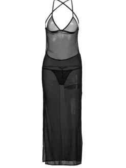 Black Sexy Gown Set 2 Piece Split Straps Slip Dresses With Panties For Women