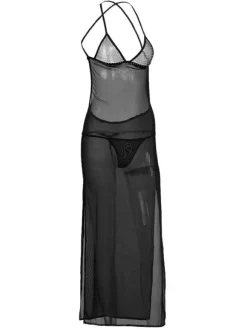 Black Sexy Gown Set 2 Piece Split Straps Slip Dresses With Panties For Women