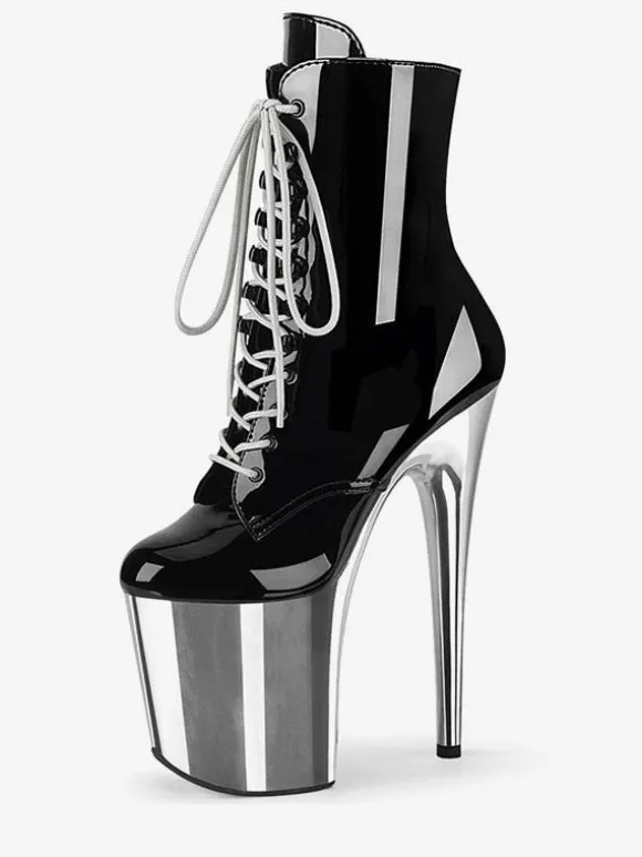 Black Sexy High Heel Boots Round Toe Platform Lace Up Sky High Plus Size Pole Dance Shoes