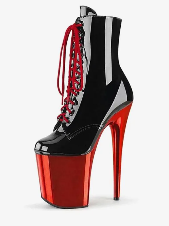 Black Sexy High Heel Boots Round Toe Platform Lace Up Sky High Plus Size Pole Dance Shoes
