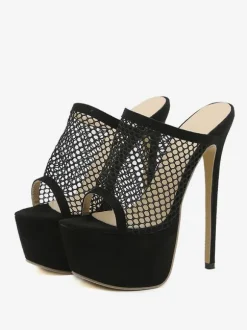 Black Sexy High Heels Net Platform Peep Toe Stiletto Sky High Sandal Slippers