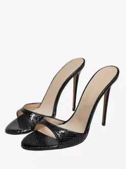 Black Sexy Mules High Heel Open Toe Snake Pattern Stiletto Heel Sandal Slides
