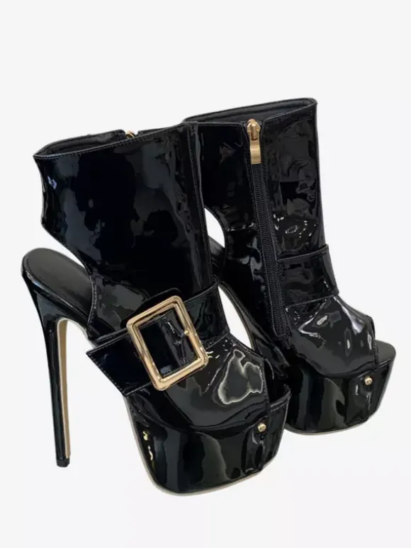 Black Sexy Sandal Boots Platform Peep Toe Buckle Detail High Heel Booties