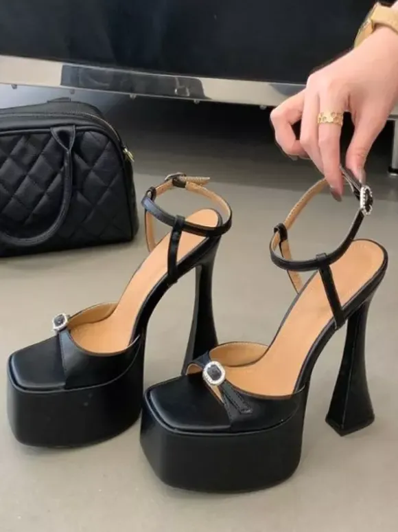 Black Sexy Sandals Platform Open Toe Buckle Detail High Heel Sandals