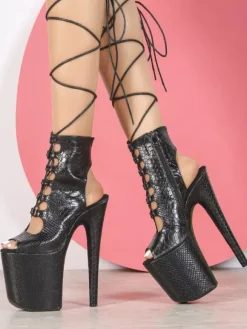 Black Sexy Sandals Platform Peepy Toe Cut Out Lace Up High Heel Sandal Shoes