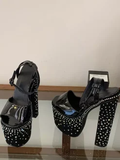 Black Sexy Sandals Platform Rhinestones Peep Toe Chunky Heel Sandal Shoes