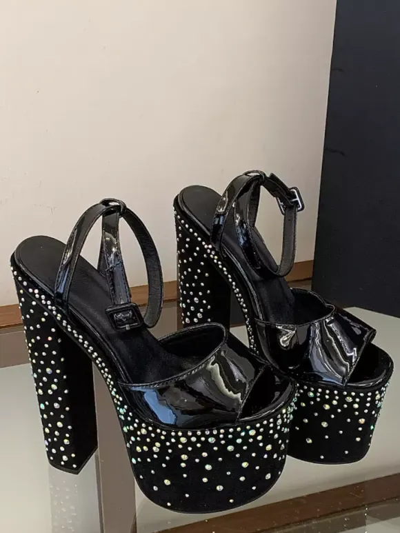 Black Sexy Sandals Platform Rhinestones Peep Toe Chunky Heel Sandal Shoes