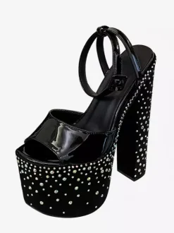 Black Sexy Sandals Platform Rhinestones Peep Toe Chunky Heel Sandal Shoes
