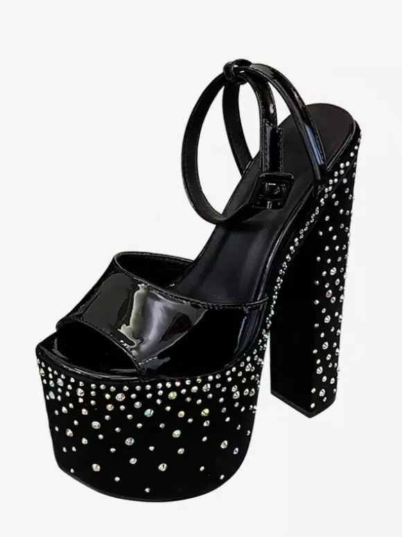 Black Sexy Sandals Platform Rhinestones Peep Toe Chunky Heel Sandal Shoes