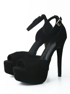 Black Sexy Sandals Suede Peep Toe Platform Ankle Strap High Heel Sandals For Women