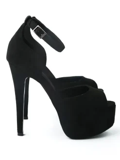 Black Sexy Sandals Suede Peep Toe Platform Ankle Strap High Heel Sandals For Women
