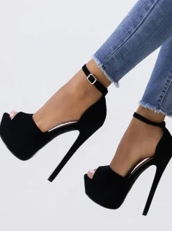 Black Sexy Sandals Suede Peep Toe Platform Ankle Strap High Heel Sandals For Women