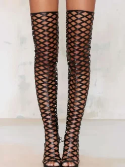 Black Sexy Shoes Over Knee High Heel Open Toe Cut Out Thigh High Boots