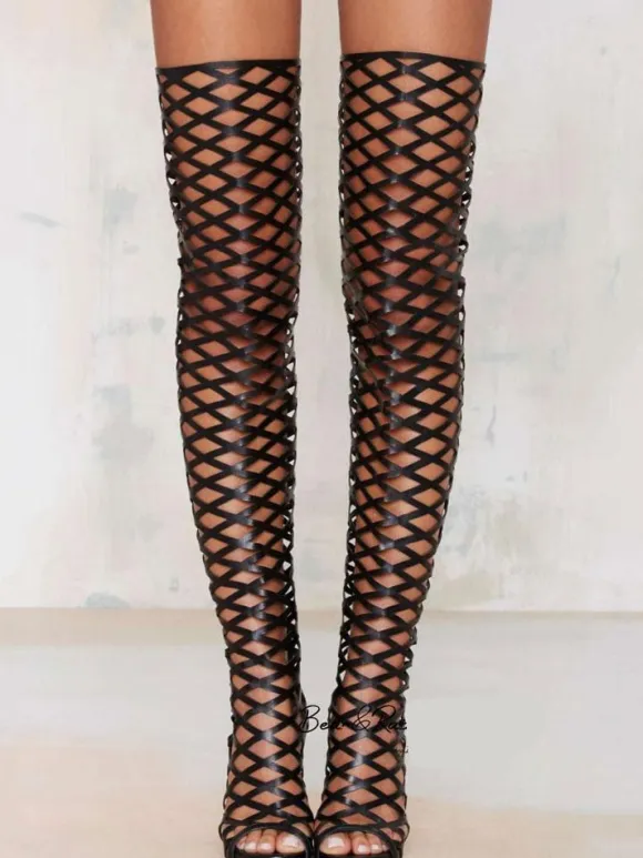 Black Sexy Shoes Over Knee High Heel Open Toe Cut Out Thigh High Boots