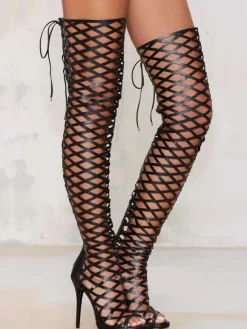 Black Sexy Shoes Over Knee High Heel Open Toe Cut Out Thigh High Boots