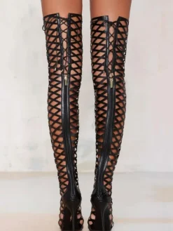 Black Sexy Shoes Over Knee High Heel Open Toe Cut Out Thigh High Boots