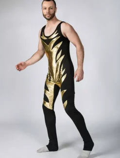 Black Shiny Metallic Wrestling Sleevesless Singlet with Golden Pattern Bodysuit