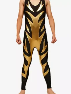 Black Shiny Metallic Wrestling Sleevesless Singlet with Golden Pattern Bodysuit