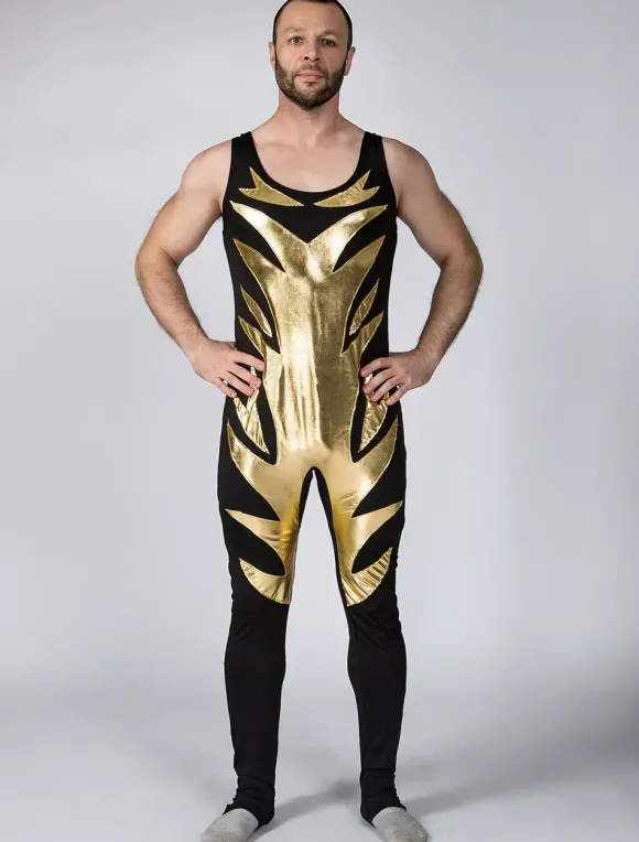 Black Shiny Metallic Wrestling Sleevesless Singlet with Golden Pattern Bodysuit
